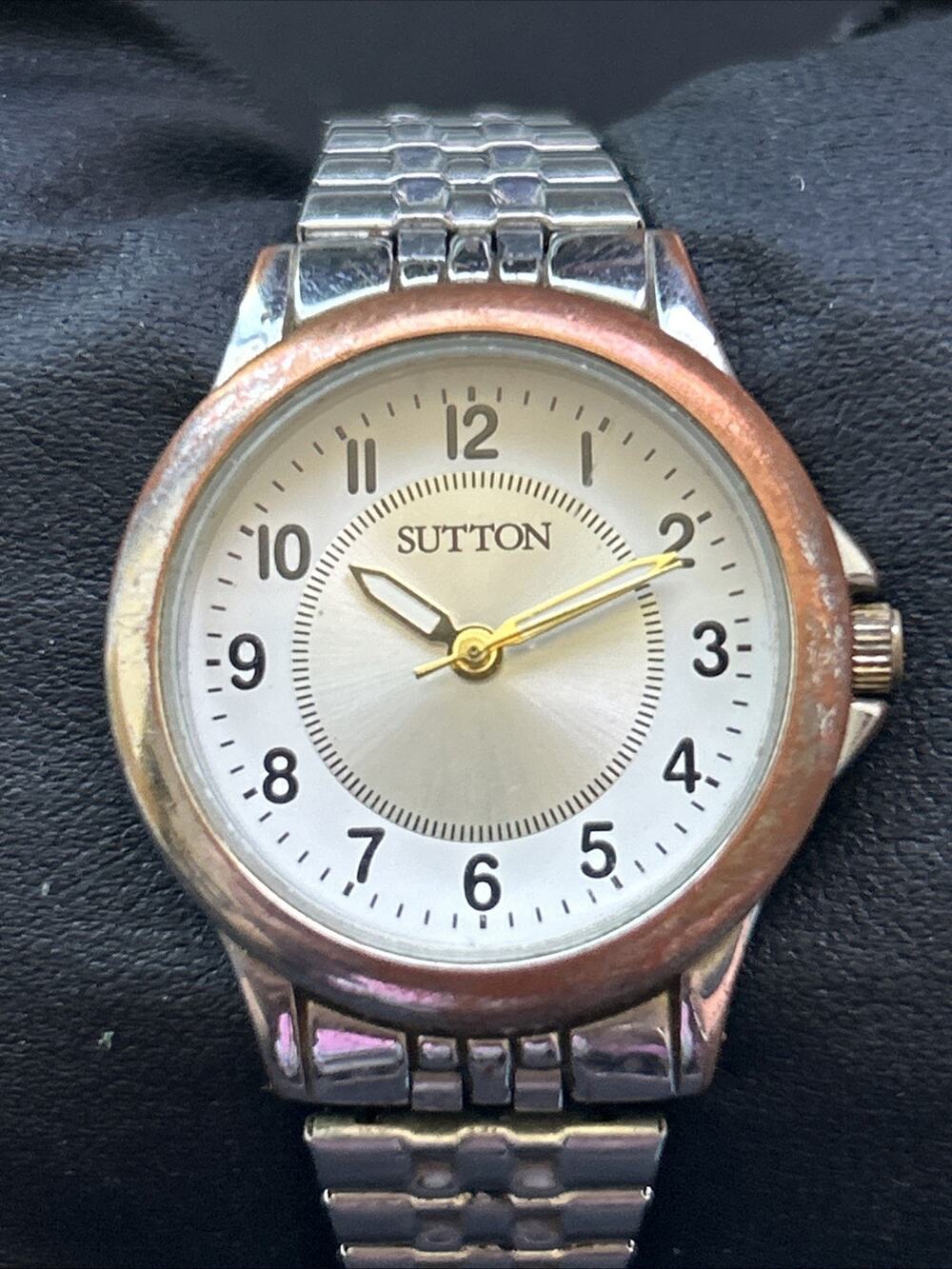 Sutton Silver Tone Worn Bronze Tone Bezel Women’s Stretch Band Quartz Watch